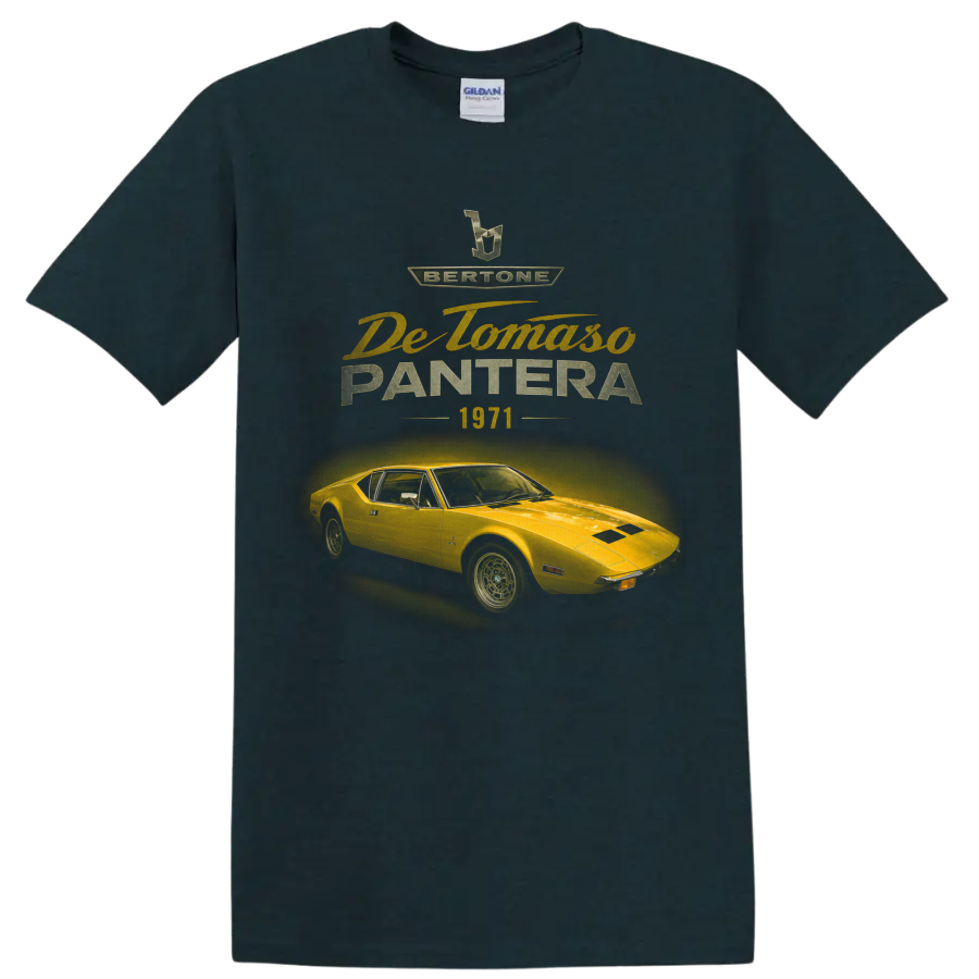 Vintage De Tomaso Pantera 1971 yellow sports car graphic with retro lettering on a Midnight (Green) T Shirt