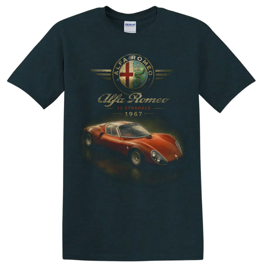 Alfa Romeo 33 Stradale 1967 vintage red sports car graphic on a Midnight (Green) T Shirt