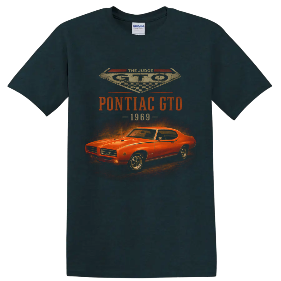 1969 Pontiac GTO vintage muscle car graphic with retro racing text on a Midnight (Green) T Shirt