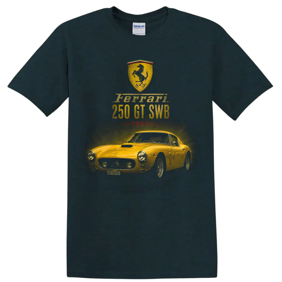 Ferrari 250 GT SWB 1959 vintage classic car graphic with shield crest on a Midnight (Green) T Shirt