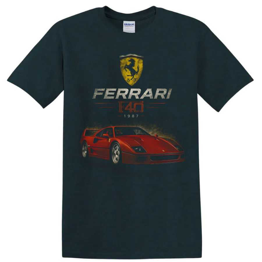 Vintage Ferrari F40 1987 red sports car graphic with Ferrari shield on a Midnight (Green) T Shirt