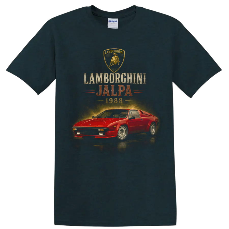 Vintage red 1988 Lamborghini Jalpa graphic with retro text and crest on a Midnight (Green) T Shirt
