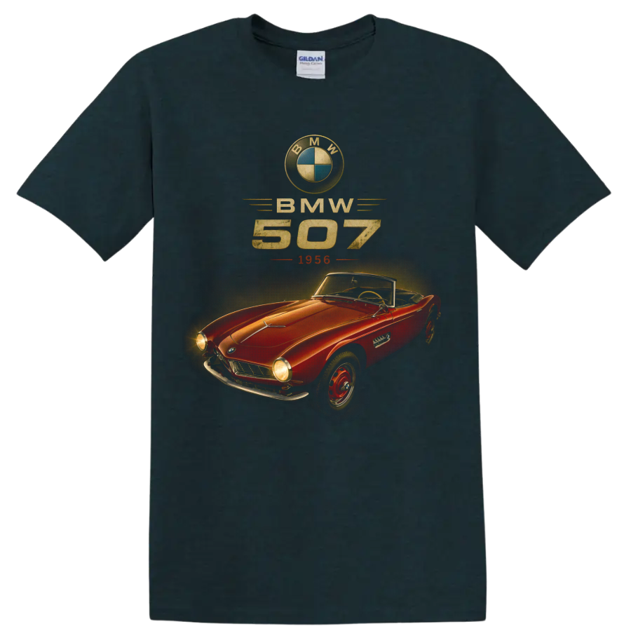 Vintage BMW 507 1956 red convertible roadster graphic print on a Midnight (Green) T Shirt