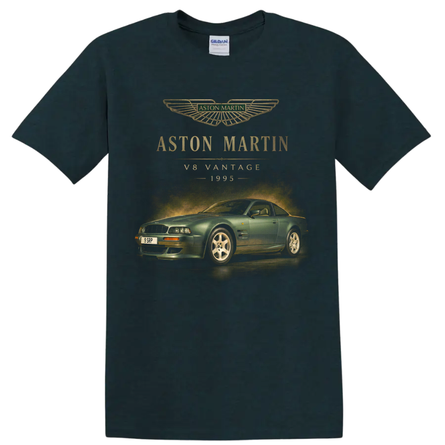 Aston Martin V8 Vantage 1995 vintage car graphic with gold lettering on a Midnight (Green) T Shirt