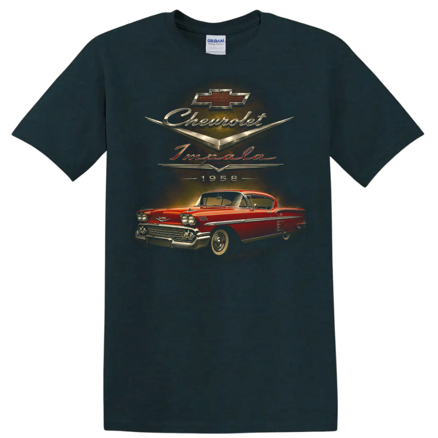 1958 Chevrolet Impala vintage red coupe graphic with Chevrolet script on a Midnight (Green) T Shirt
