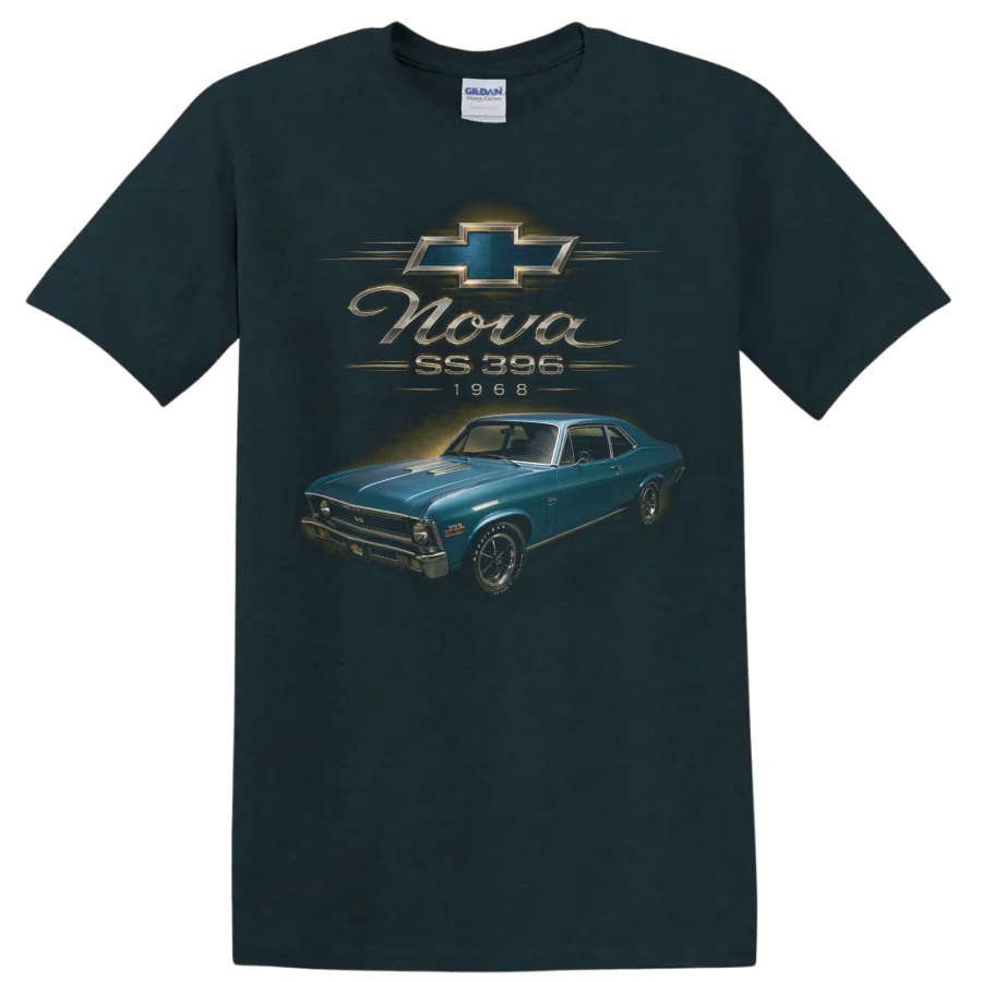 1968 Chevrolet Nova SS 396 blue vintage muscle car graphic on a Midnight (Green) T Shirt