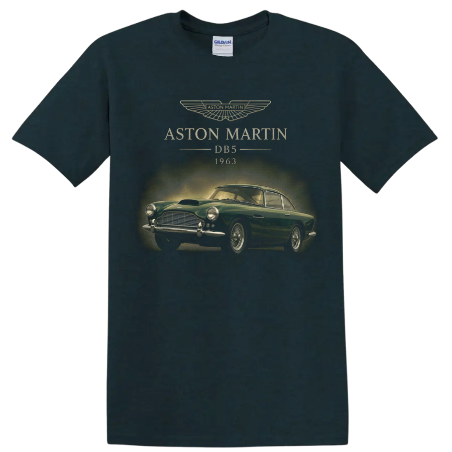 Vintage Aston Martin DB5 1963 classic car graphic with winged emblem on a Midnight (Green) T Shirt