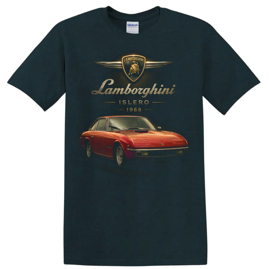 1968 Lamborghini Islero red coupe with vintage gold crest and lettering on a Midnight (Green) T Shirt