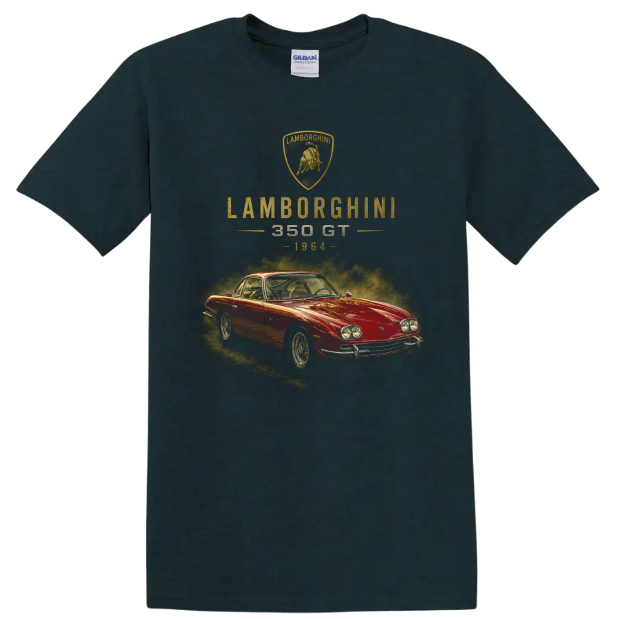 Vintage Lamborghini 350 GT 1964 red classic car graphic with crest on a Midnight (Green) T Shirt