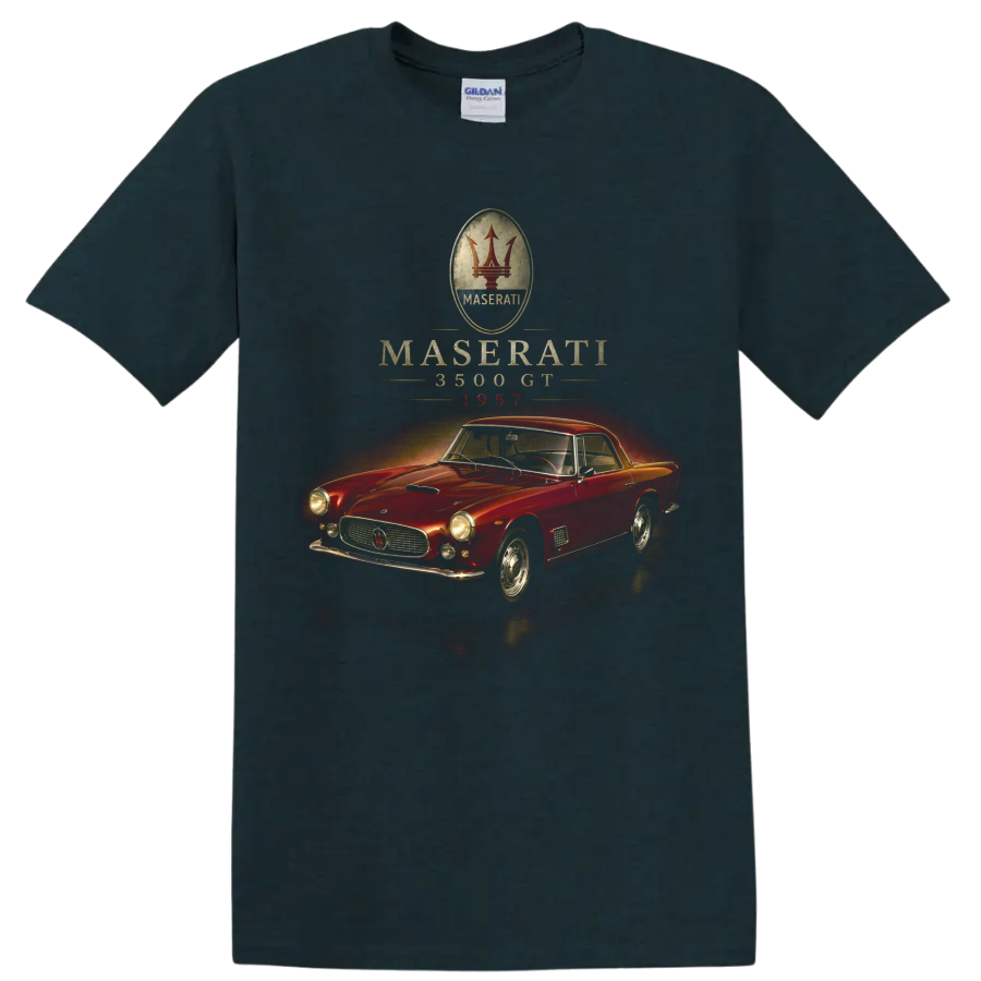 Maserati 3500 GT 1957 vintage red classic car graphic on a Midnight (Green) T Shirt