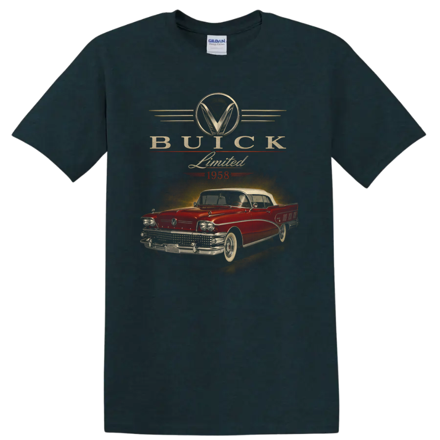 1958 Buick Limited vintage classic car graphic with retro lettering on a Midnight (Green) T Shirt