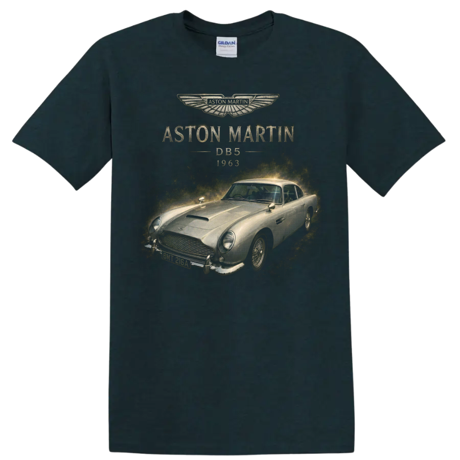 Aston Martin DB5 1963 vintage classic car graphic with gold accents on a Midnight (Green) T Shirt