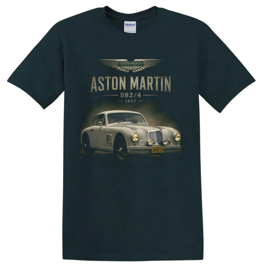 1957 Aston Martin DB2/4 vintage classic car graphic with distressed text on a Midnight (Green) T Shirt