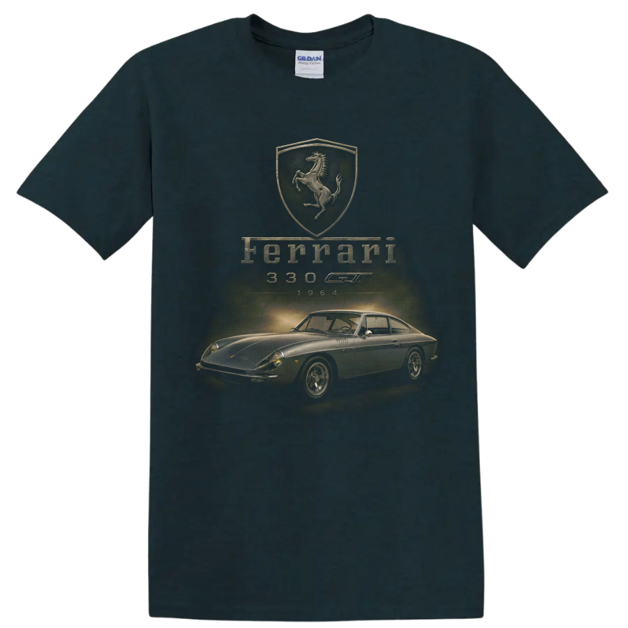 Ferrari 330 GT 1964 vintage classic car graphic with Ferrari shield on a Midnight (Green) T Shirt