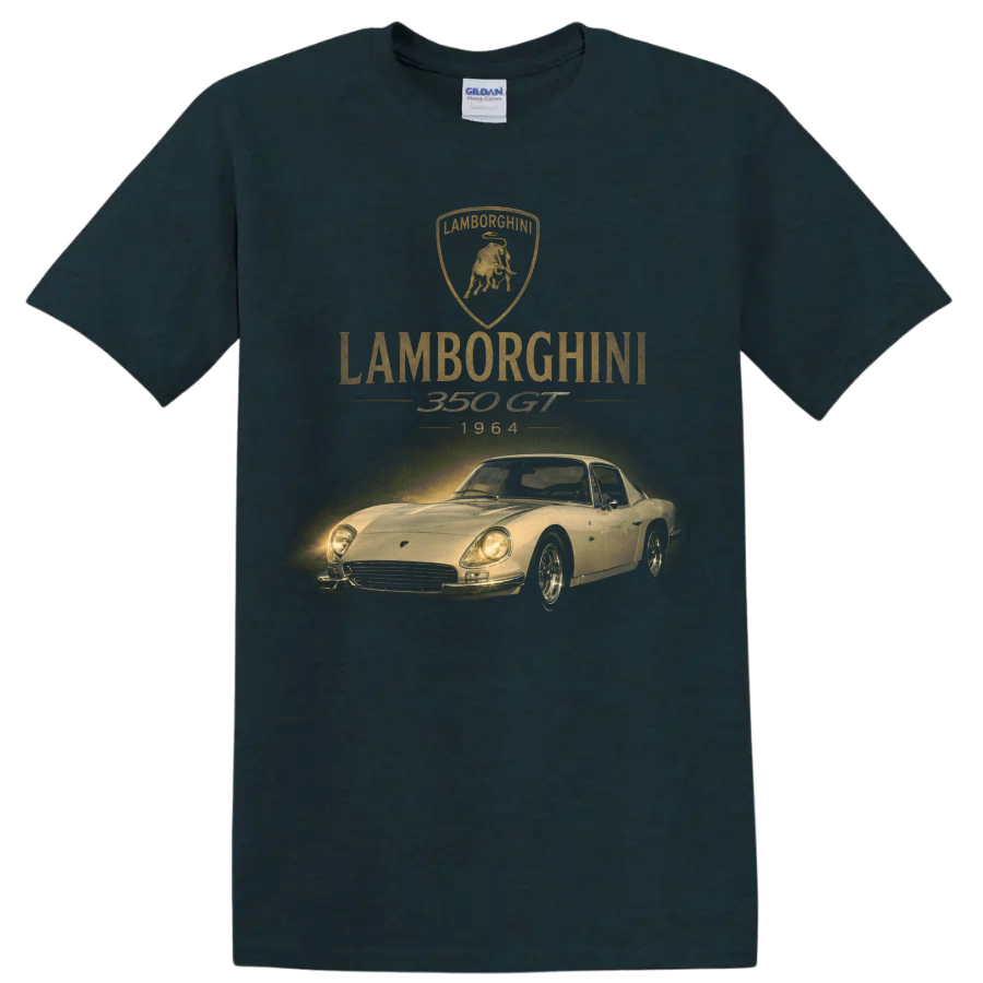 Lamborghini 350 GT 1964 vintage classic car graphic with bull crest on a Midnight (Green) T Shirt