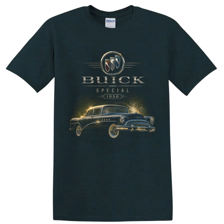 1956 Buick Special vintage classic car graphic with Buick crest on a Midnight (Green) T Shirt