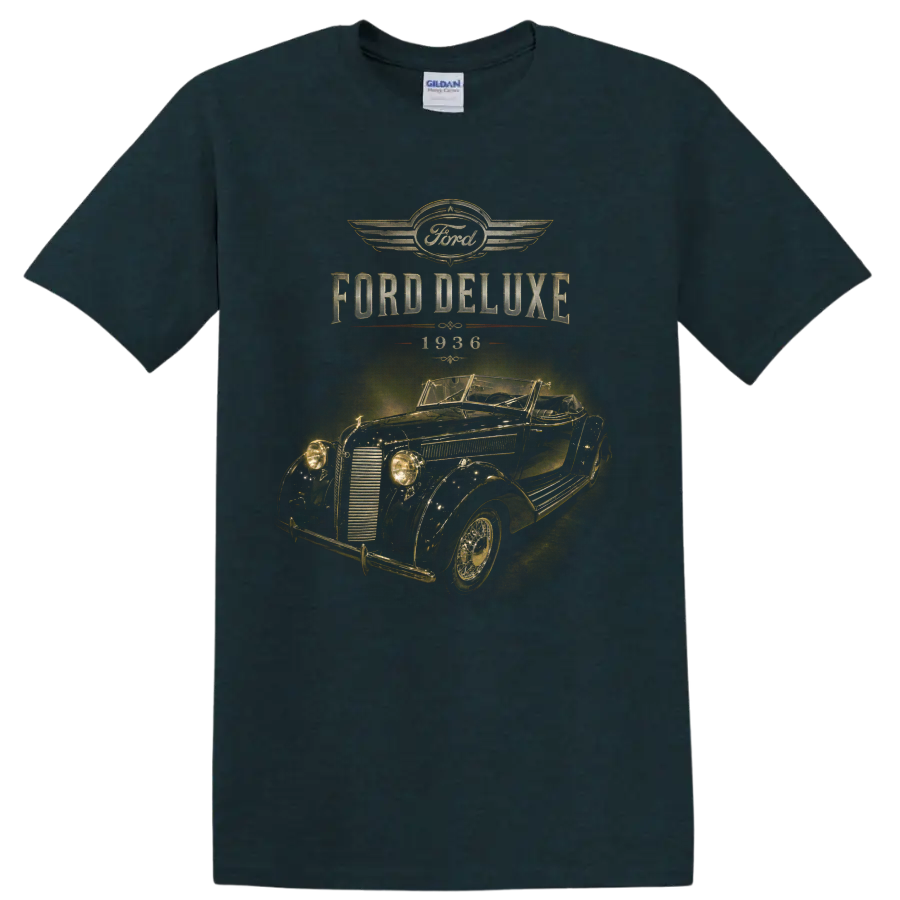 1936 Ford Deluxe vintage convertible with distressed Ford lettering on a Midnight (Green) T Shirt