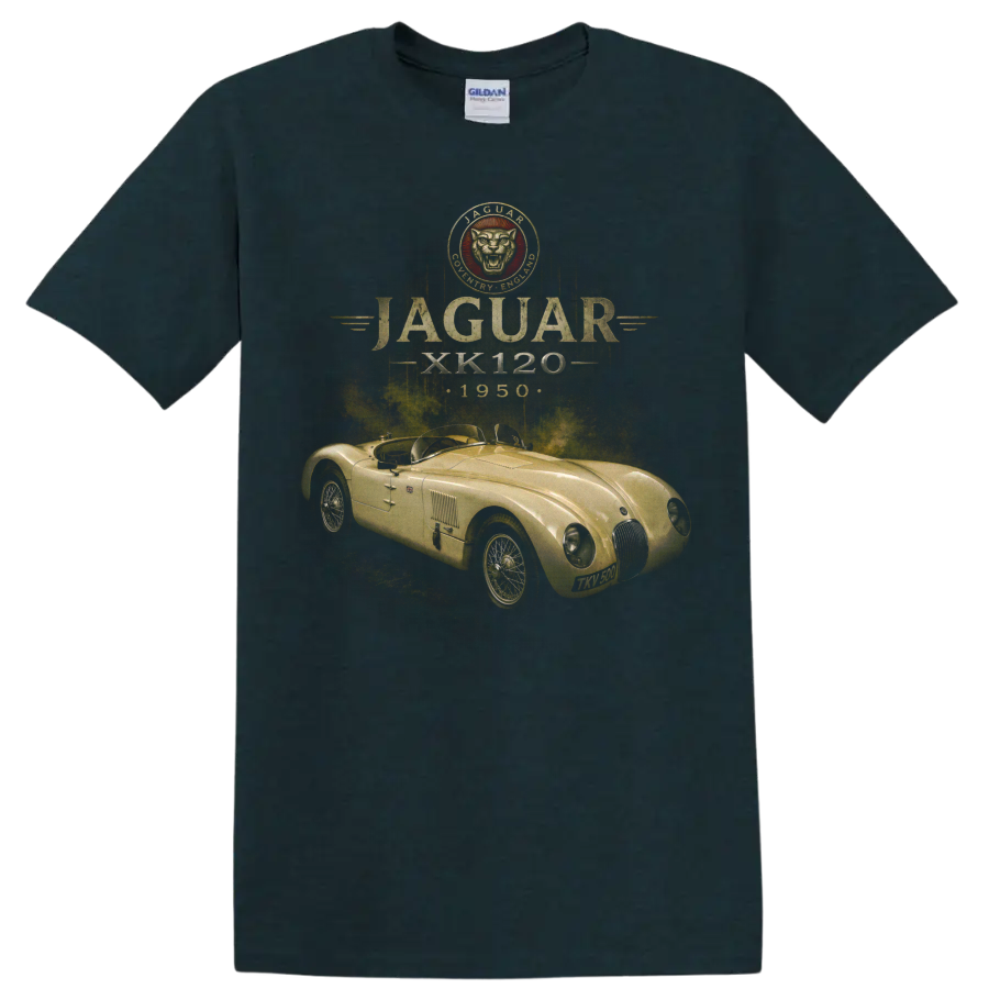 Vintage Jaguar XK120 1950 roadster graphic with distressed gold lettering on a Midnight (Green) T Shirt