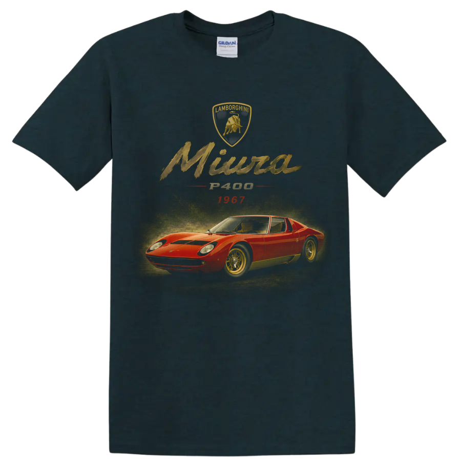 Lamborghini Miura P400 1967 vintage red sports car graphic on a Midnight (Green) T Shirt