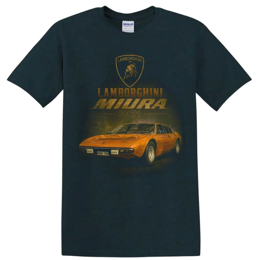 Lamborghini Miura vintage orange sports car graphic on a Midnight (Green) T Shirt
