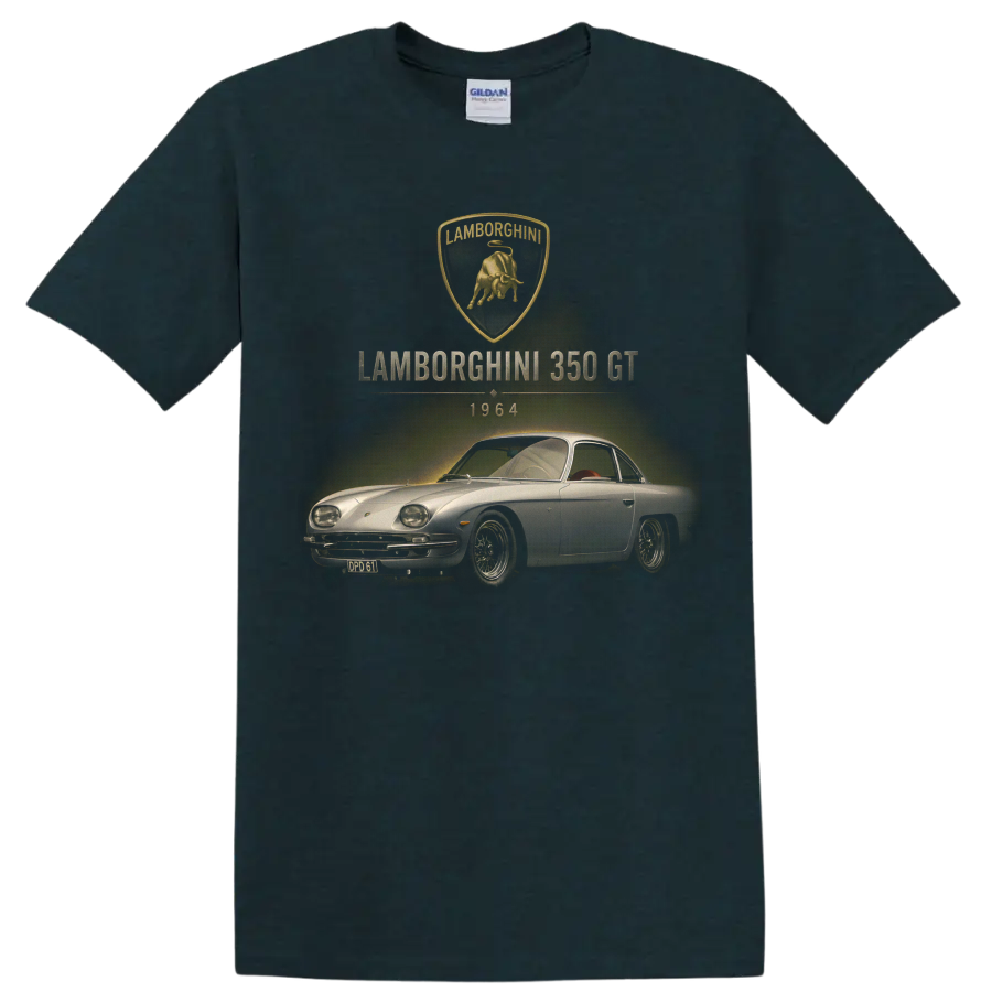 Vintage Lamborghini 350 GT 1964 classic car graphic with bull crest on a Midnight (Green) T Shirt