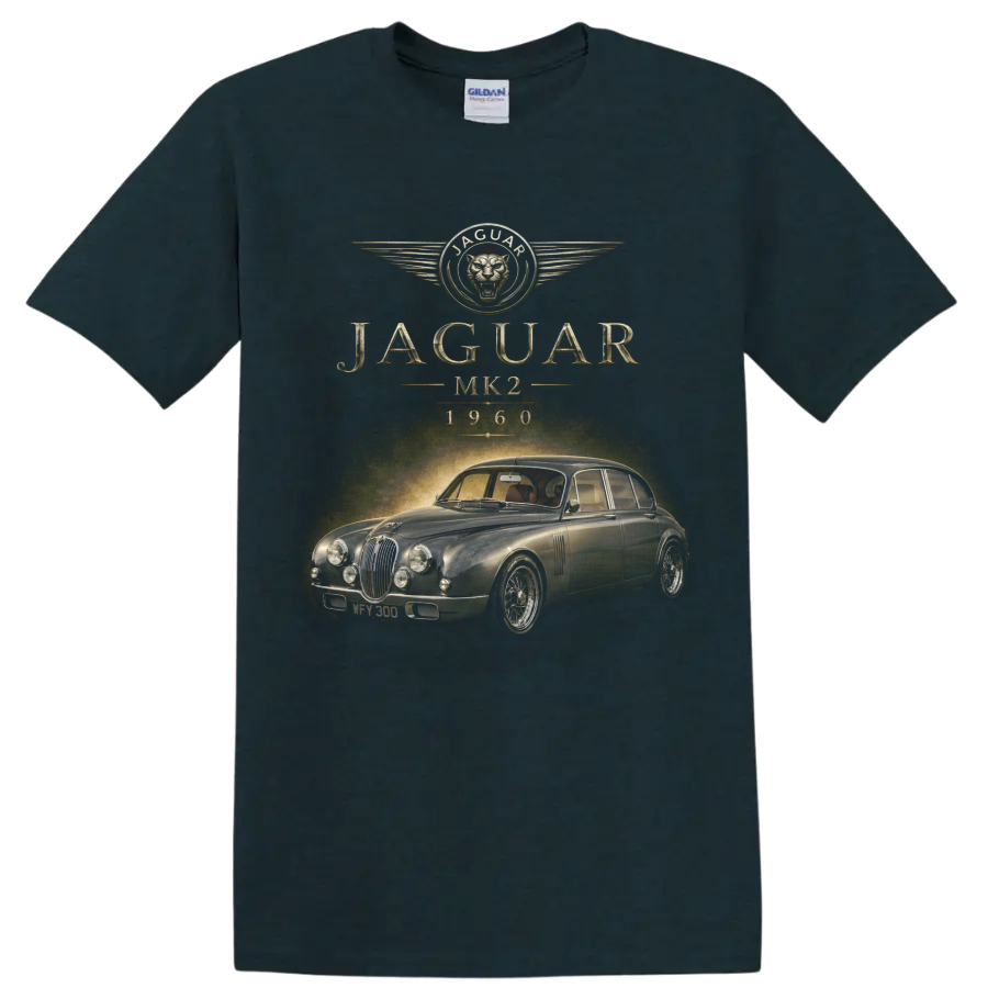 Jaguar MK2 1960 vintage classic car graphic with JAGUAR lettering on a Midnight (Green) T Shirt