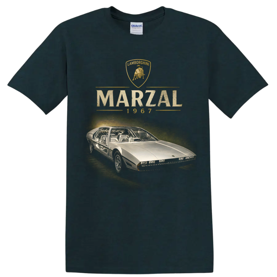Vintage Lamborghini Marzal 1967 concept car graphic with crest and lettering on a Midnight (Green) T Shirt