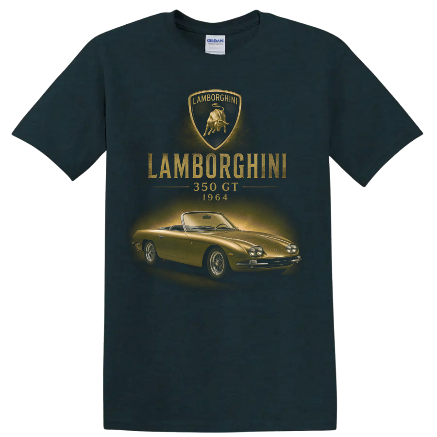 Lamborghini 350 GT 1964 vintage gold classic car graphic with crest on a Midnight (Green) T Shirt
