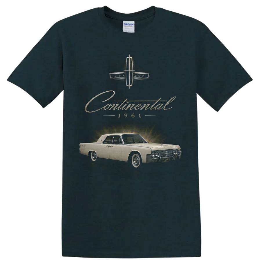 1961 Lincoln Continental vintage classic car graphic with script lettering on a Midnight (Green) T Shirt