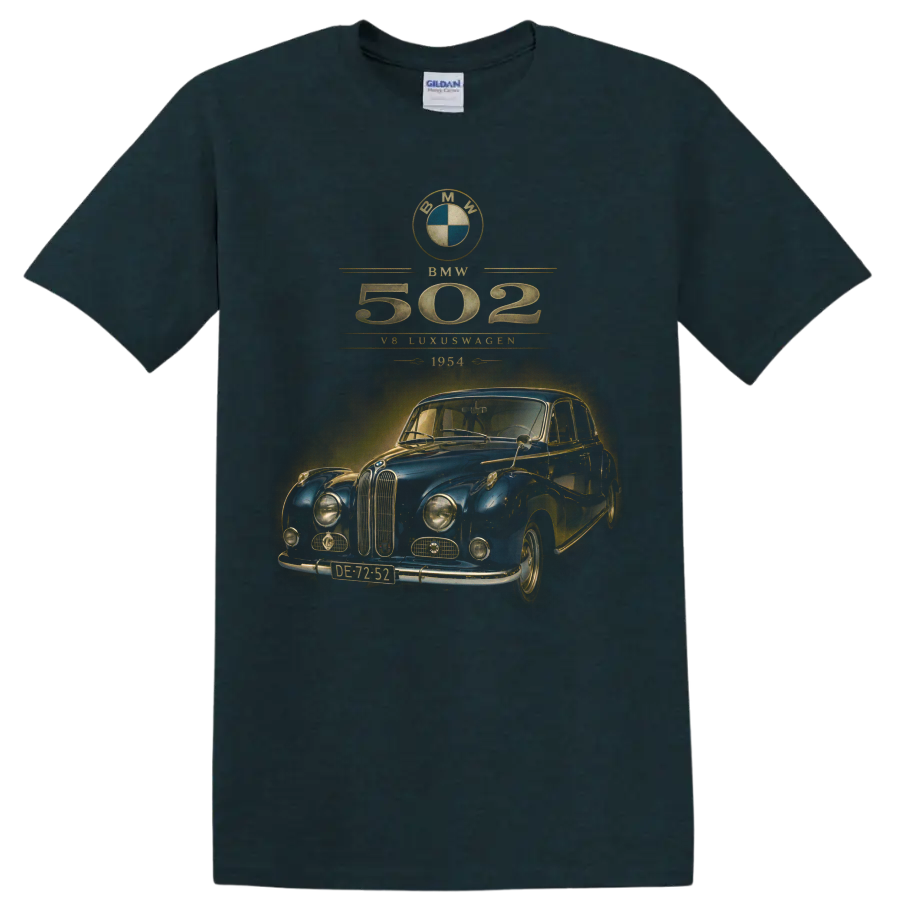 Vintage BMW 502 1954 blue classic car with distressed gold typography on a Midnight (Green) T Shirt