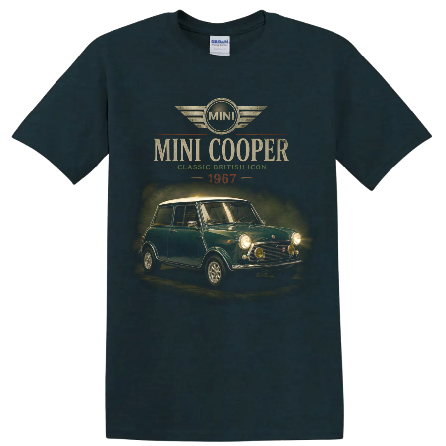 1967 Mini Cooper vintage classic car graphic with MINI emblem on a Midnight (Green) T Shirt