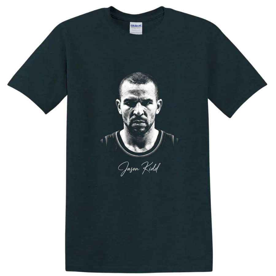 Jason Kidd black-and-white basketball portrait with signature-style name text on a Midnight (Green) T Shirt