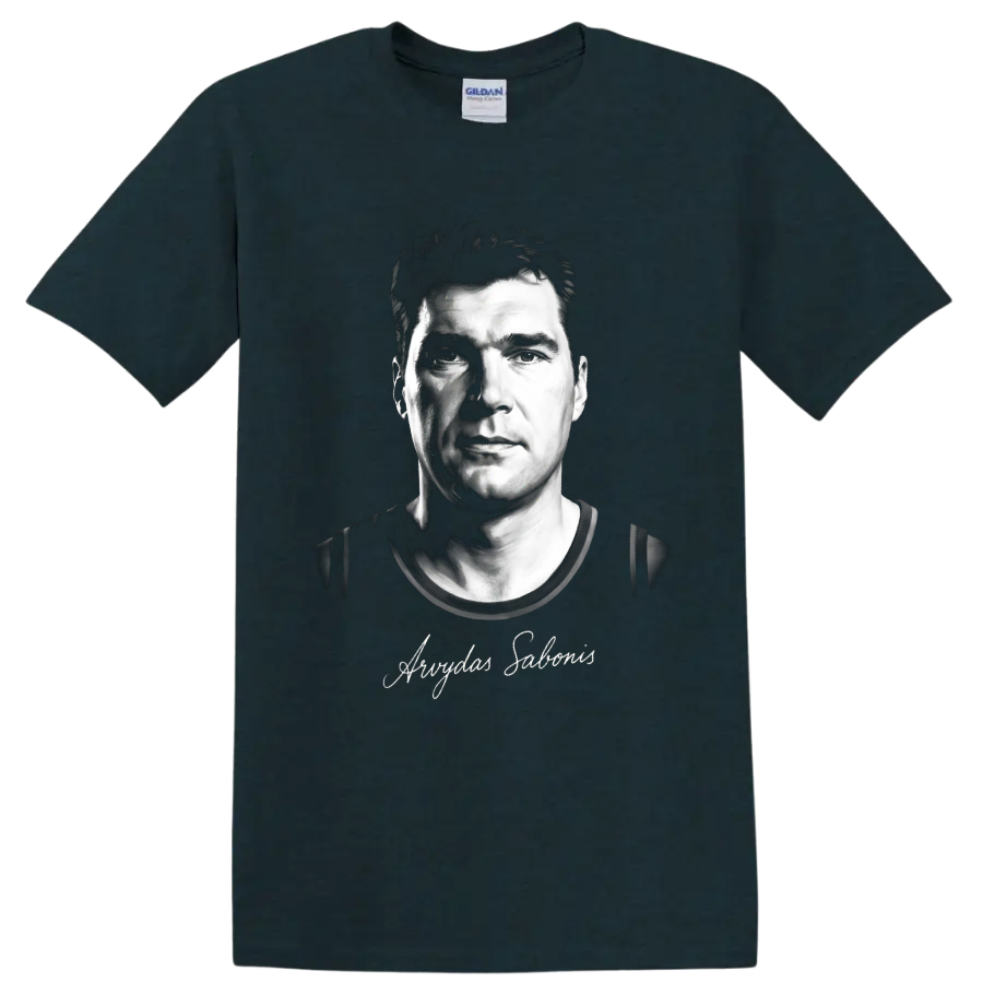 Arvydas Sabonis black-and-white basketball portrait with signature-style script on a Midnight (Green) T Shirt