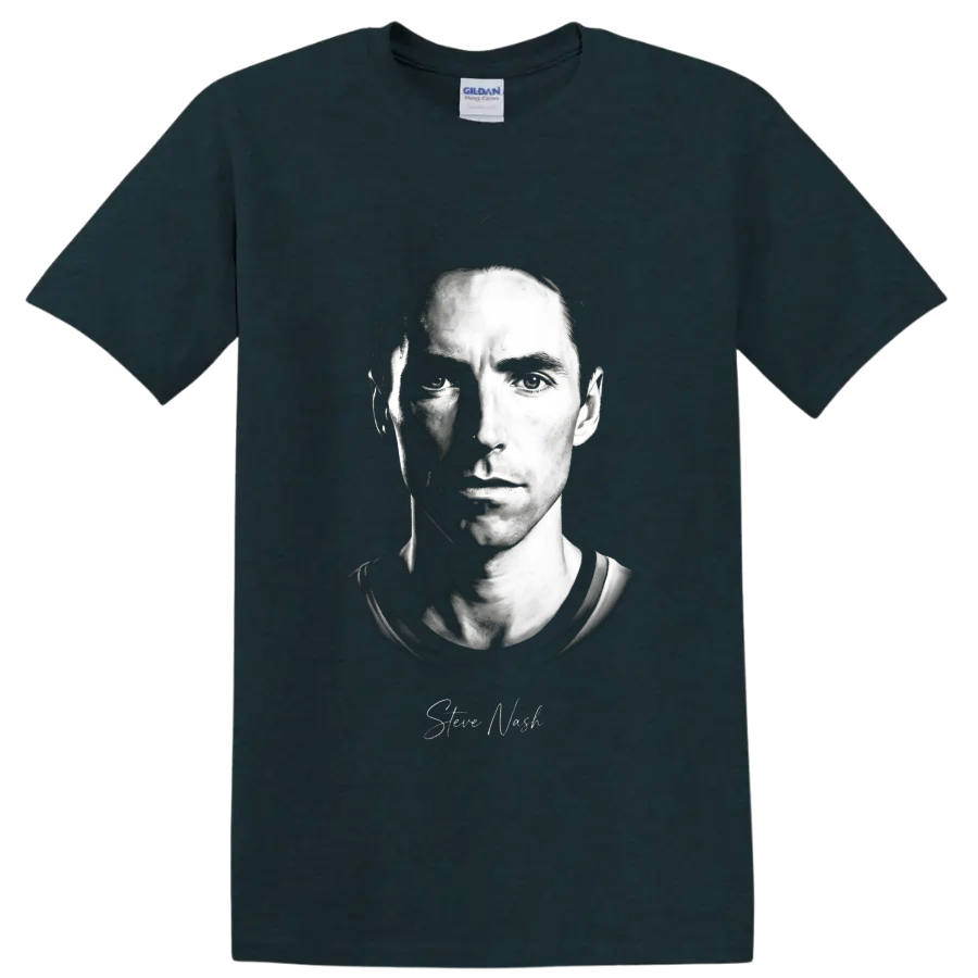 Steve Nash black-and-white split-shadow portrait with script signature on a Midnight (Green) T Shirt