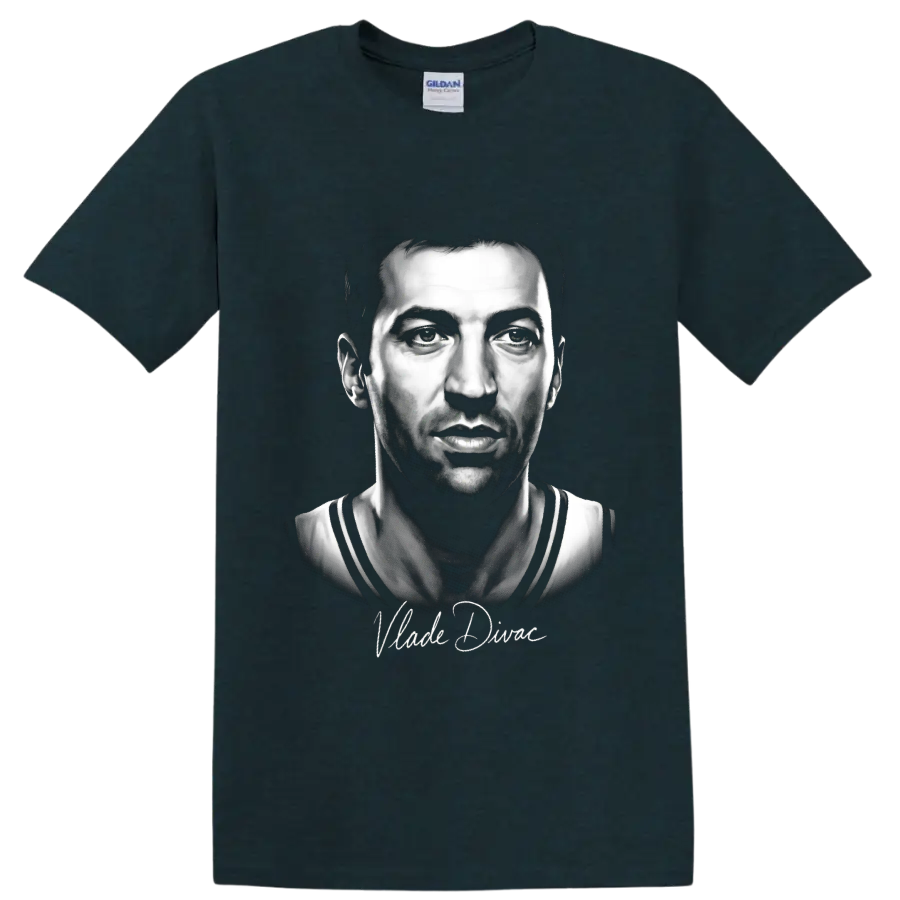 Monochrome Vlade Divac basketball portrait with cursive signature on a Midnight (Green) T Shirt