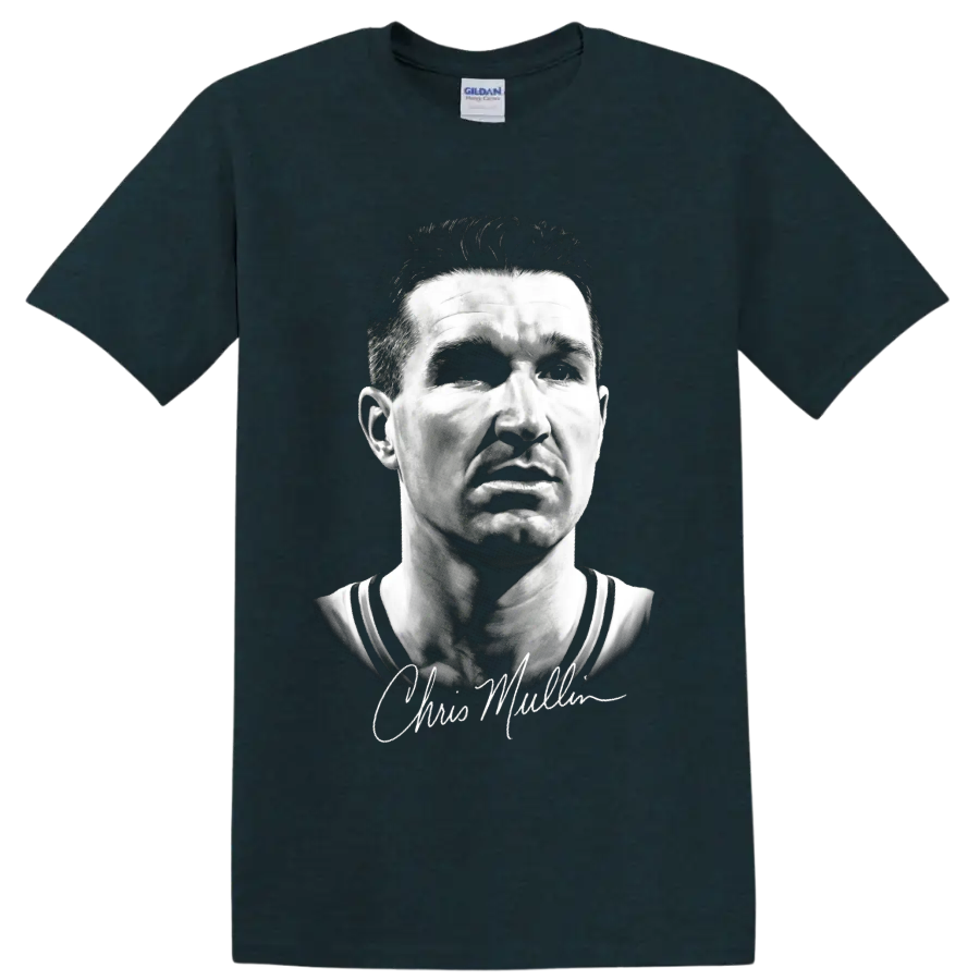 Monochrome Chris Mullin basketball portrait with cursive signature on a Midnight (Green) T Shirt