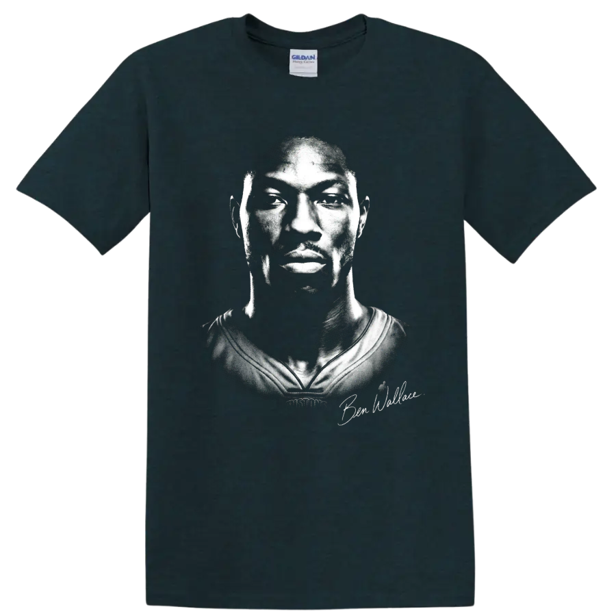 Ben Wallace Detroit Pistons No. 3 high-contrast black-and-white basketball portrait on a Midnight (Green) T Shirt