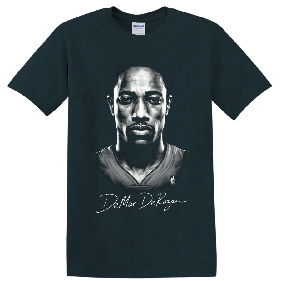 DeMar DeRozan monochrome basketball portrait with signature-style lettering on a Midnight (Green) T Shirt
