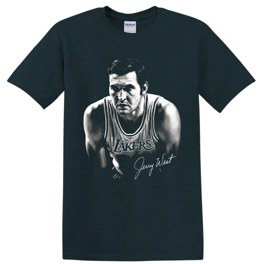 Jerry West Los Angeles Lakers No. 44 monochrome basketball portrait with signature on a Midnight (Green) T Shirt