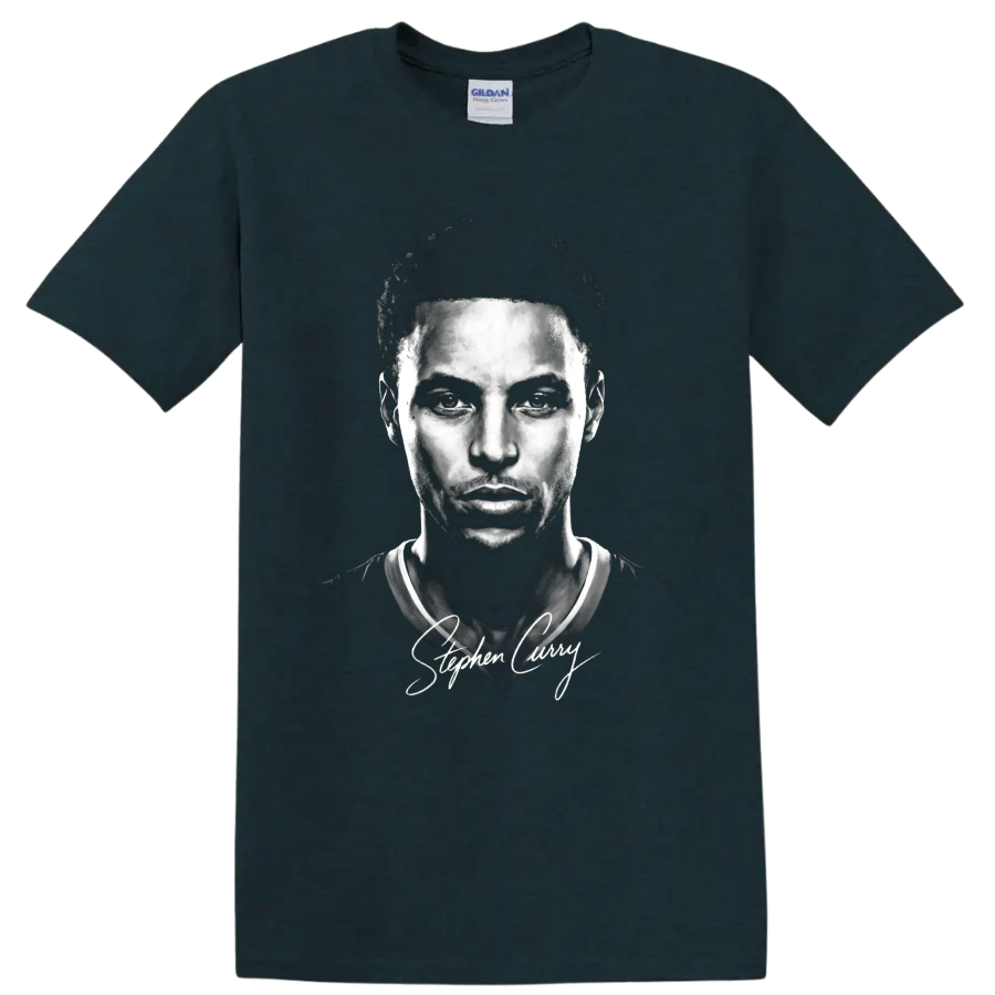 Monochrome Stephen Curry basketball portrait with signature-style script on a Midnight (Green) T Shirt