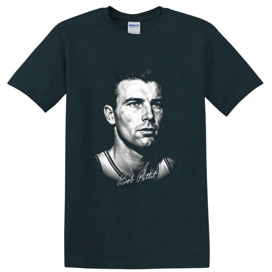 Bob Pettit St. Louis Hawks No. 9 monochrome basketball portrait with signature on a Midnight (Green) T Shirt
