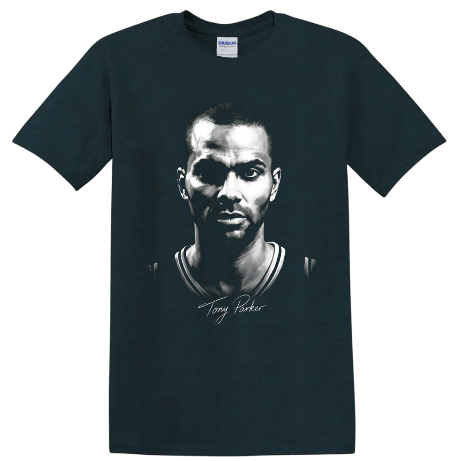 Tony Parker monochrome basketball portrait with signature-style script on a Midnight (Green) T Shirt
