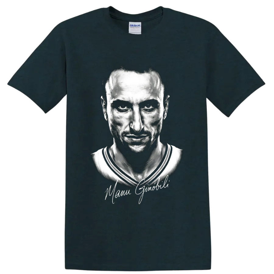 Monochrome Manu Ginobili basketball portrait with signature-style script on a Midnight (Green) T Shirt