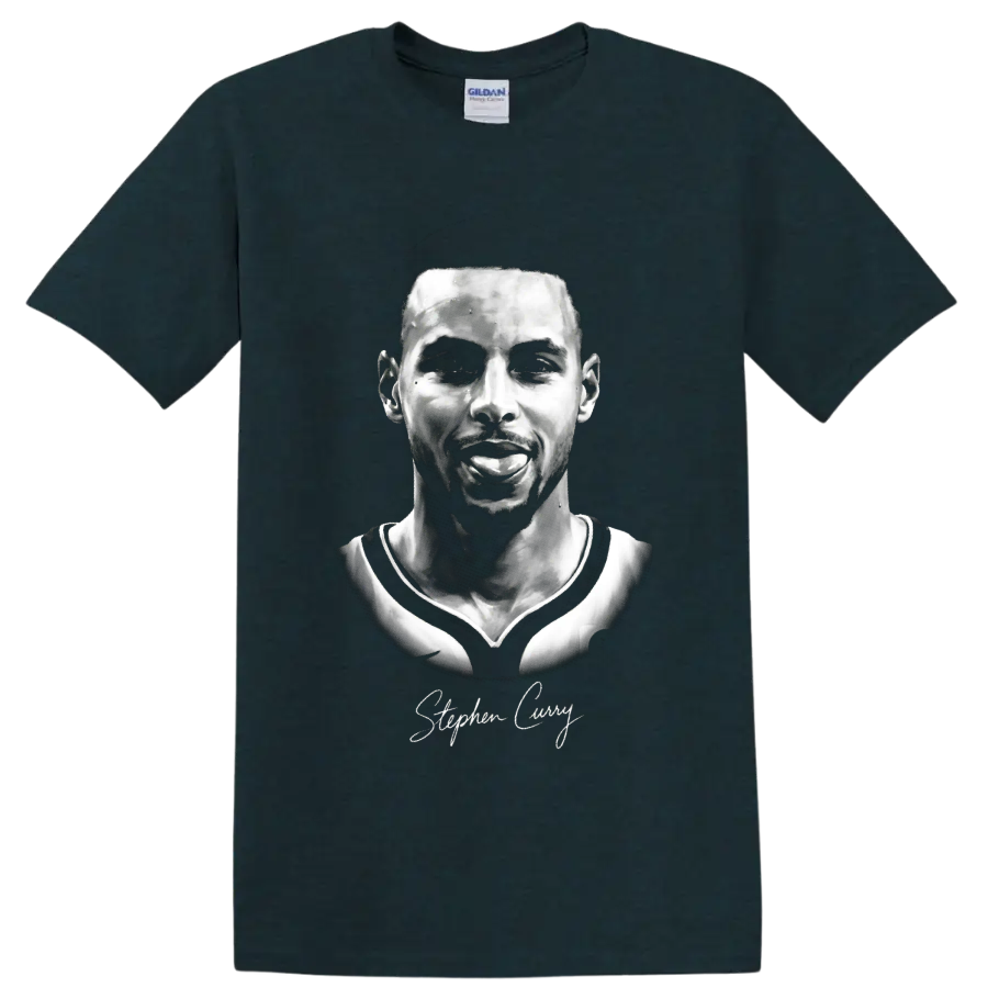 Stephen Curry monochrome basketball portrait with signature-style script on a Midnight (Green) T Shirt
