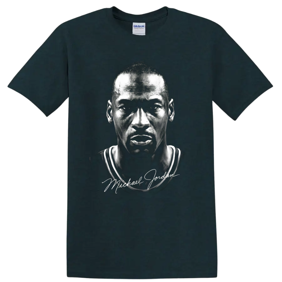 Michael Jordan Chicago Bulls No. 23 monochrome portrait with signature-style text on a Midnight (Green) T Shirt