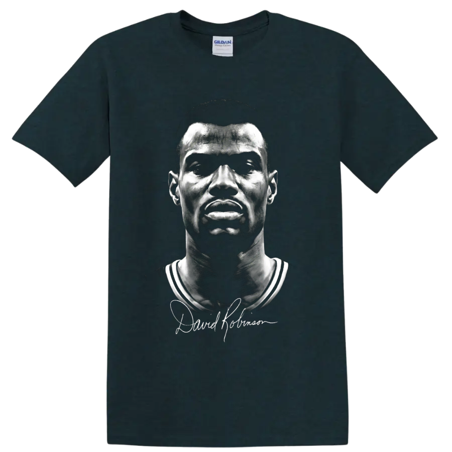 David Robinson No. 50 black-and-white basketball portrait with signature-style graphic on a Midnight (Green) T Shirt