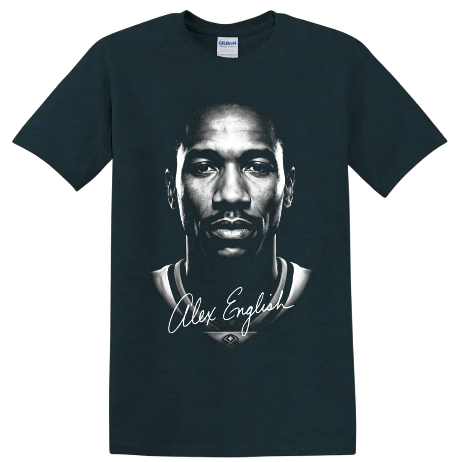 Alex English black-and-white basketball portrait with signature-style script on a Midnight (Green) T Shirt