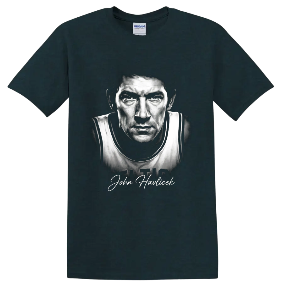 Black-and-white John Havlicek No. 17 basketball portrait with signature-style name on a Midnight (Green) T Shirt
