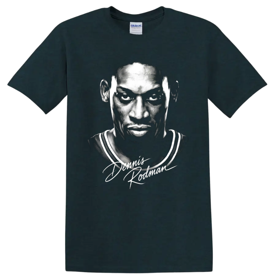 Monochrome Dennis Rodman Chicago Bulls No. 91 portrait with scripted signature on a Midnight (Green) T Shirt