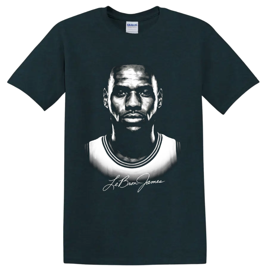 LeBron James black-and-white basketball portrait with signature-style script on a Midnight (Green) T Shirt